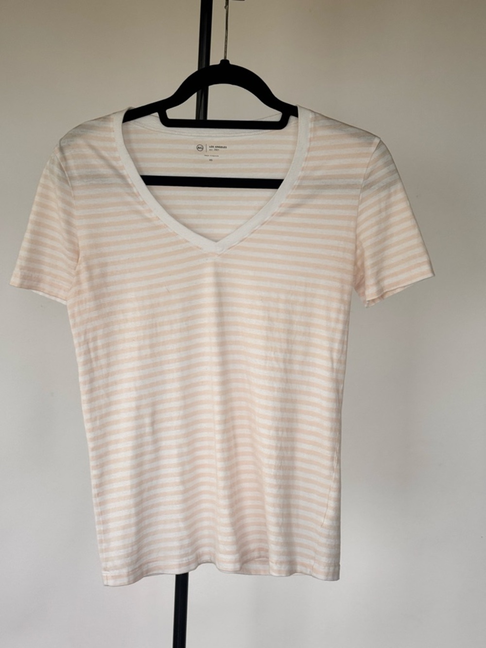 Ag Adriano Goldschmied Light Peach & White Striped V-Neck Tee